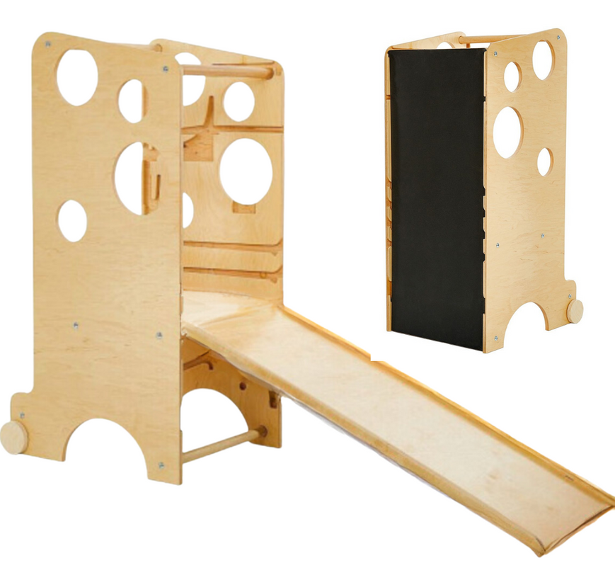 La Tour d'Observation Montessori Multi-Usages avec son Toboggan Ardoise